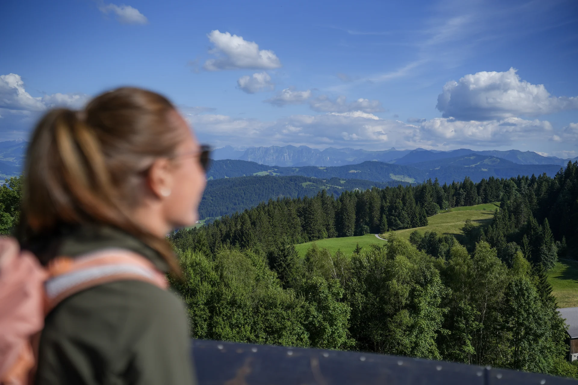 Frau blickt über das weitläufige Bergpanorama am Pfänder