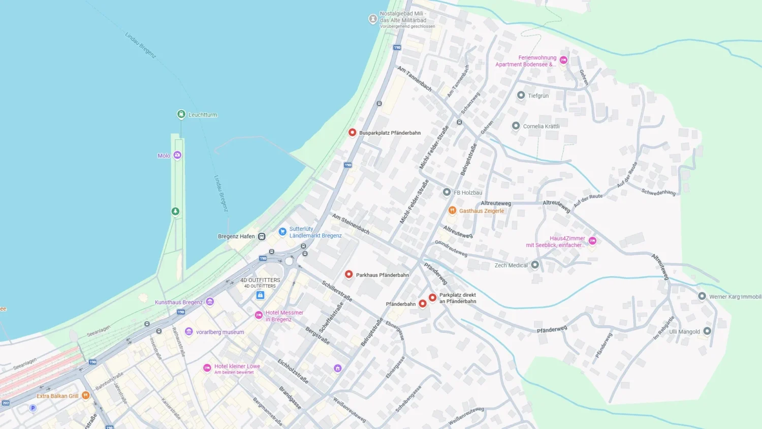 Lageplan Parkhaus P15, Parkplatz P6, Busparkplatz und Pfänderbahn Talstation