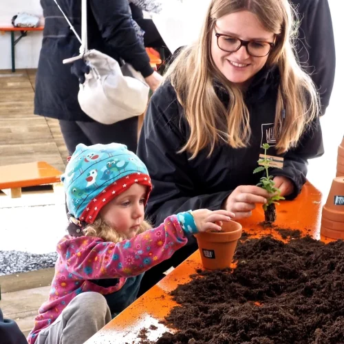 Kind pflanzt mit Erwachsener im Blumentopf